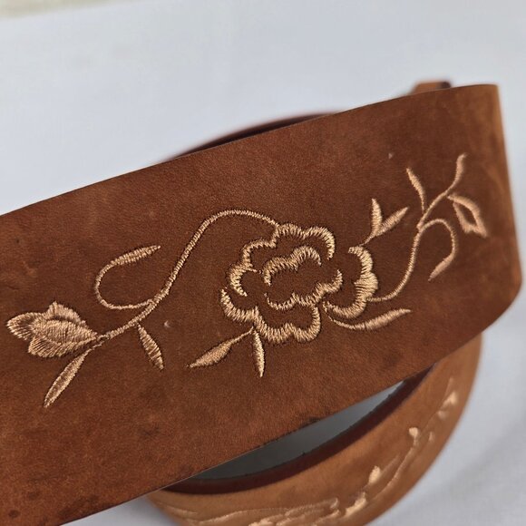 Olga Santini Sz Medium Brown/Rust Wide Belt Embroidered Flowers Silver Hardware - Picture 4 of 9